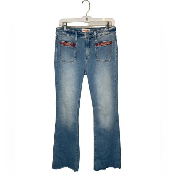 Driftwood Isabel Embroidered Jeans Light Wash Flare Raw Hem Boho-Chic Size 28